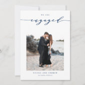 Navy Blue Whimsical Script Foto Verloving Aankondiging (Voorkant)