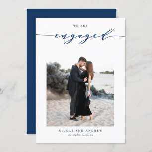 Navy Blue Whimsical Script Foto Verloving Aankondiging