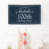 Navy Blue White 100th Birthday Party Spandoek (Insitu)