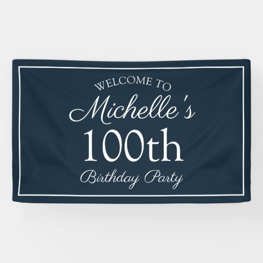 Navy Blue White 100th Birthday Party Spandoek (Horizontaal)