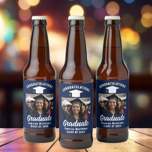 Navy Blue White Afstuderen foto Afstudeerfeest Bier Etiket