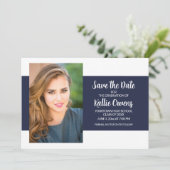 Navy Blue White Afstuderen Foto Save the Date Kaart (Staand voorkant)