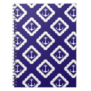 Navy Blue White Anchors Nautical Pattern Notitieboek