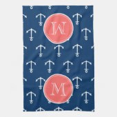 Navy Blue White Anchors Pattern Coral Monogram Theedoek (Verticaal)