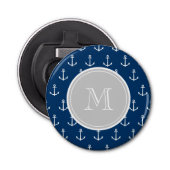 Navy Blue White Anchors Pattern, Gray Monogram Button Flesopener (Voorkant)