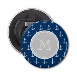 Navy Blue White Anchors Pattern, Gray Monogram Button Flesopener