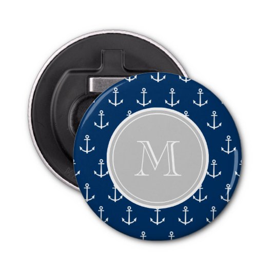 Navy Blue White Anchors Pattern, Gray Monogram Button Flesopener (Voorkant)