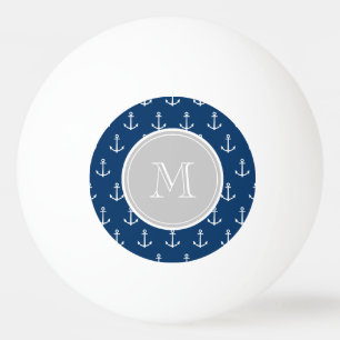 Navy Blue White Anchors Pattern, Gray Monogram Pingpongballen