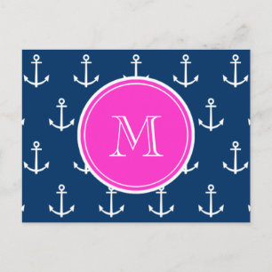 Navy Blue White Anchors Pattern, Hot Pink Monogram Briefkaart