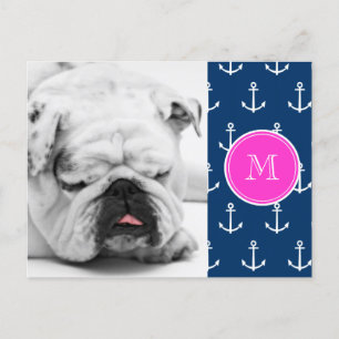 Navy Blue White Anchors Pattern, Hot Pink Monogram Briefkaart