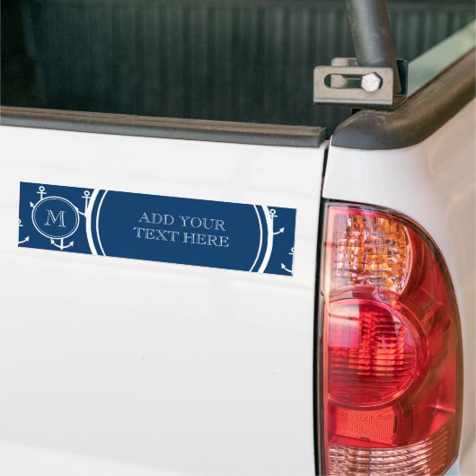 Navy Blue White Anchors Pattern, jouw Monogram Bumpersticker (Op Truck)