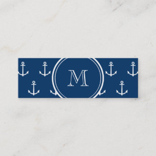 Navy Blue White Anchors Pattern, jouw Monogram Mini Visitekaartje