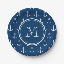 Navy Blue White Anchors Pattern, jouw Monogram Papieren Bordje