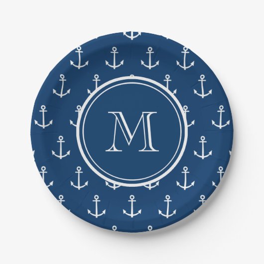 Navy Blue White Anchors Pattern, jouw Monogram Papieren Bordje (Voorkant)