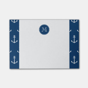 Navy Blue White Anchors Pattern, jouw Monogram Post-it® Notes