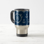 Navy Blue White Anchors Pattern, jouw Monogram Reisbeker (Voorkant links)