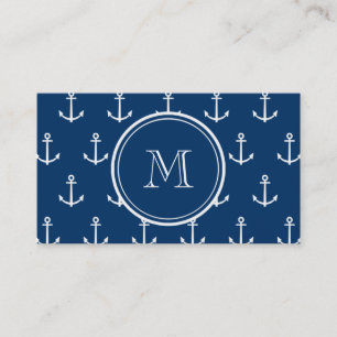 Navy Blue White Anchors Pattern, jouw Monogram Visitekaartje