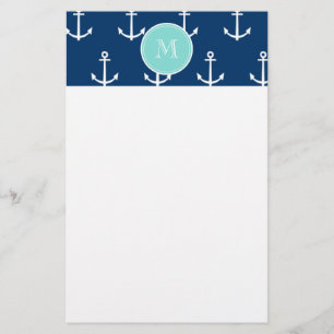 Navy Blue White Anchors Pattern, Mint Green Monogr Briefpapier