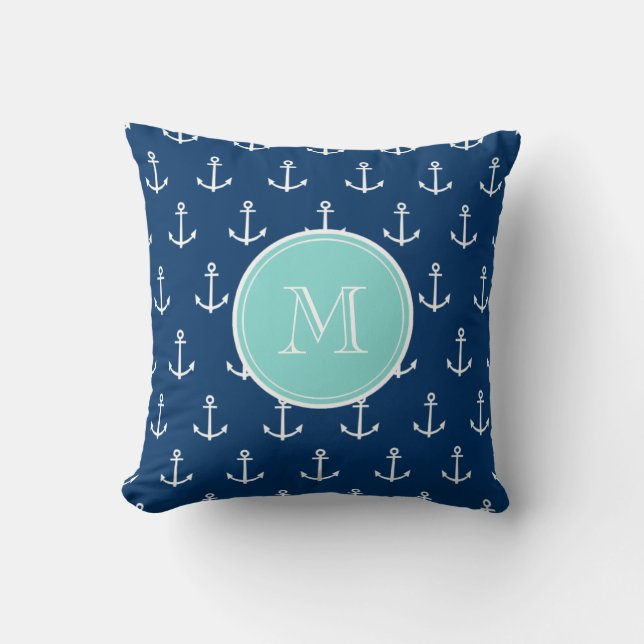 Navy Blue White Anchors Pattern, Mint Green Monogr Kussen (Voorkant)