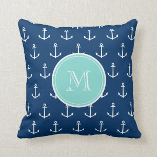 Navy Blue White Anchors Pattern, Mint Green Monogr Kussen