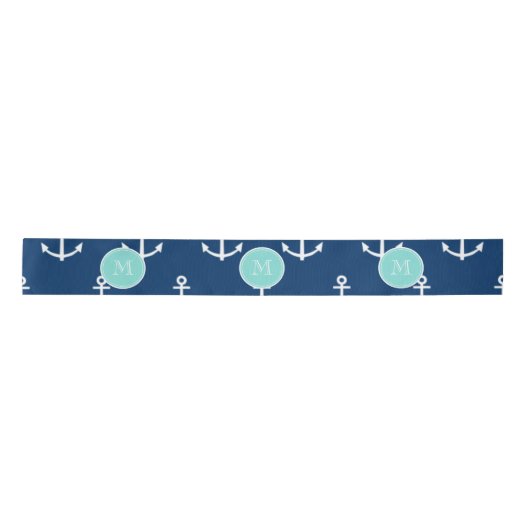 Navy Blue White Anchors Pattern, Mint Green Monogr Lint (Voorkant)