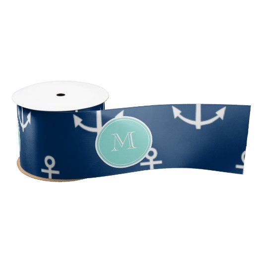 Navy Blue White Anchors Pattern, Mint Green Monogr Lint (Spoel)