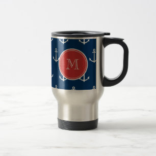 Navy Blue White Anchors Pattern, Red Monogram Reisbeker