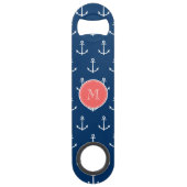 Navy Blue White Anchors Pattern, Red Monogram Speed Flessenopener (Voorkant)