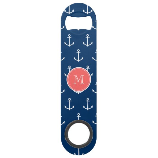 Navy Blue White Anchors Pattern, Red Monogram Speed Flessenopener (Voorkant)