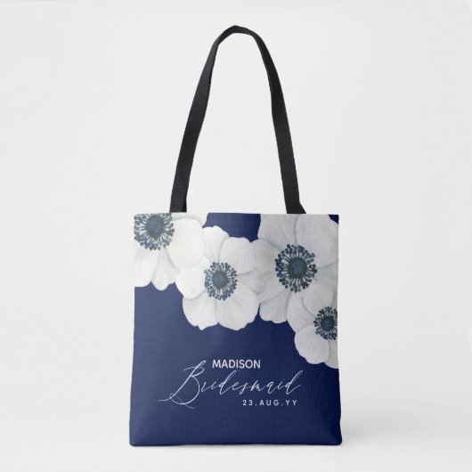 Navy Blue & White Anemones Modern Bridal Party Draagtas (Voorkant)