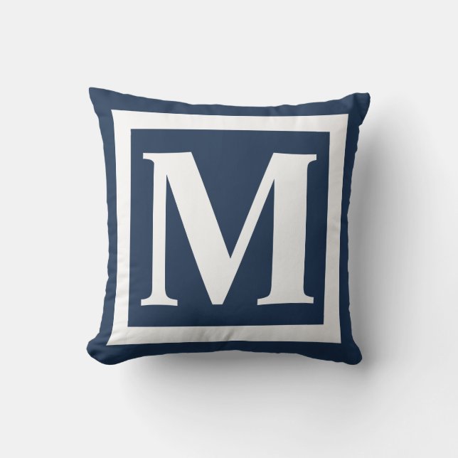 Navy Blue White Bold Monogram Initiaal Buitenkussen (Voorkant)