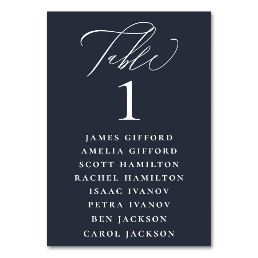 Navy Blue White Calligraphy Seating Chart Kaart (Voorkant)