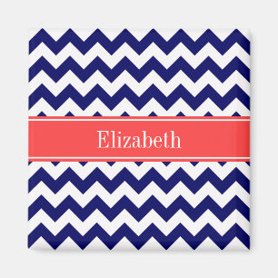 Navy Blue White Chevron Coral Red Naam Monogram Magneet