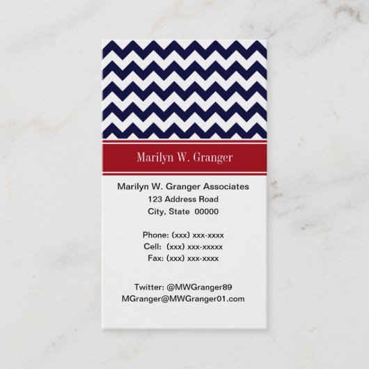 Navy Blue White Chevron Cranberry Name Monogram Visitekaartje (Voorkant)