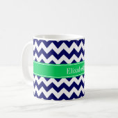 Navy Blue White Chevron Emerald Name Monogram Koffiemok (Voorkant links)