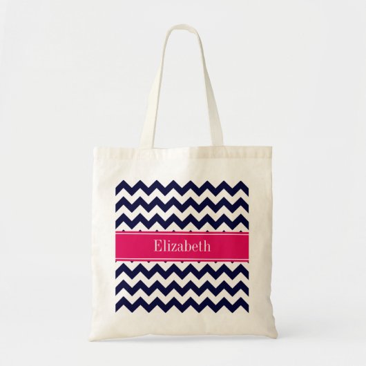 Navy Blue White Chevron Raspberry Name Monogram Tote Bag (Voorkant)