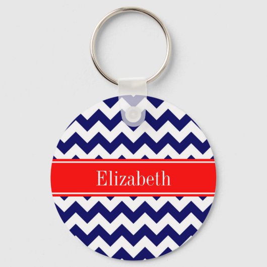 Navy Blue White Chevron Zig Zag Red Name Monogram Sleutelhanger (Voorkant)