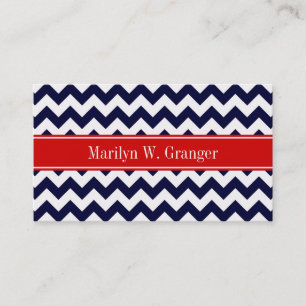 Navy Blue White Chevron Zig Zag Red Name Monogram Visitekaartje