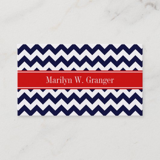 Navy Blue White Chevron Zig Zag Red Name Monogram Visitekaartje (Voorkant)