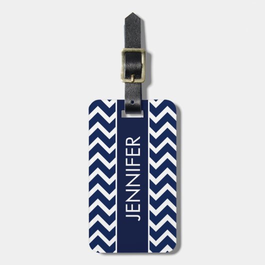 Navy Blue & White Chevron Zigzag Pattern Bagagelabel (Voorkant verticaal)