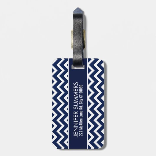 Navy Blue & White Chevron Zigzag Pattern Bagagelabel (Achterkant verticaal)