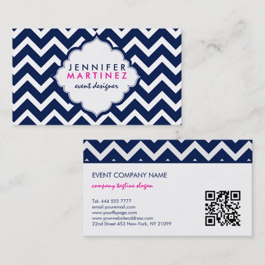 Navy Blue & White Chevron Zigzag Pattern Visitekaartje (Voorkant / Achterkant)