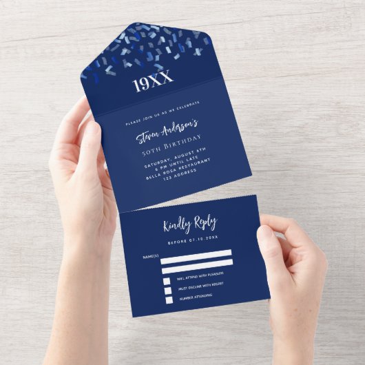 Navy blue white confetti verjaardag rsvp all in one uitnodiging (Afscheurbaar)