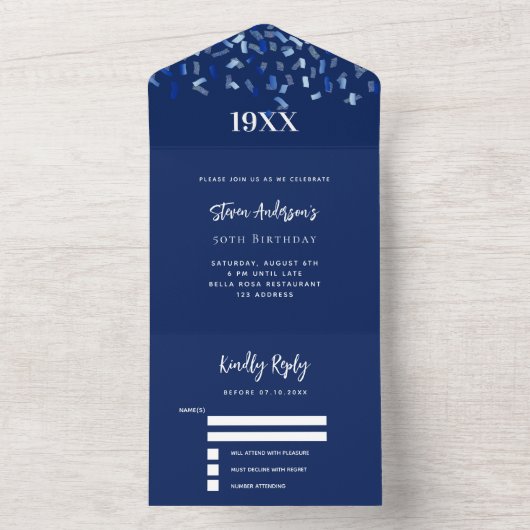 Navy blue white confetti verjaardag rsvp all in one uitnodiging (Binnen)