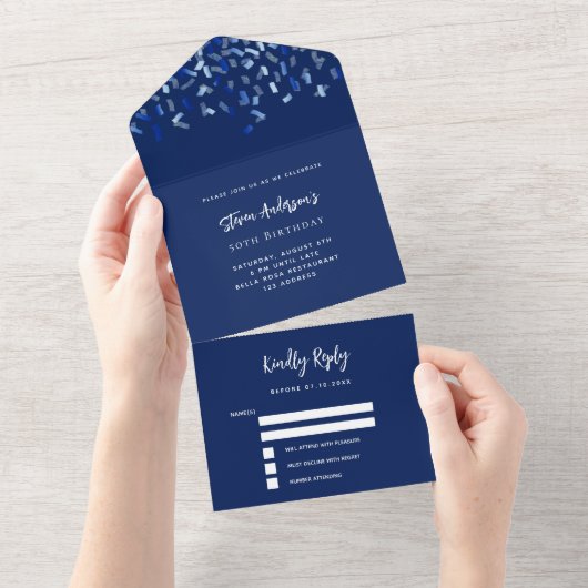 Navy blue white confetti verjaardag rsvp all in one uitnodiging (Afscheurbaar)