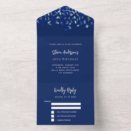 Navy blue white confetti verjaardag rsvp all in one uitnodiging (Binnen)