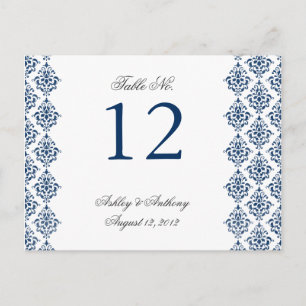Navy Blue White Damask Arabesque Tafelnummer Kaart