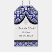 Navy Blue White Damask Bewaar de datum Labels Cadeaulabel (Voorkant)
