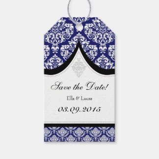 Navy Blue White Damask Bewaar de datum Labels Cadeaulabel