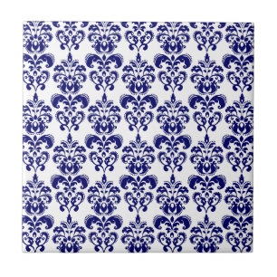 Navy Blue, White  Damask Pattern 2 Tegeltje